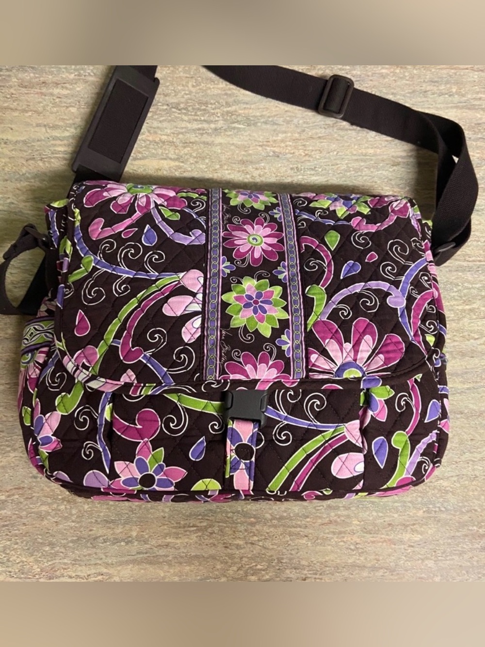 Vera Bradley Brown Quilted Crossbody with Purple & Green Floral Print